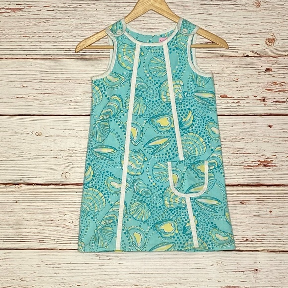 Lilly Pulitzer Little Lilly Jumper Shift Dress Teal Clam Print Sz 7 - Picture 2 of 12